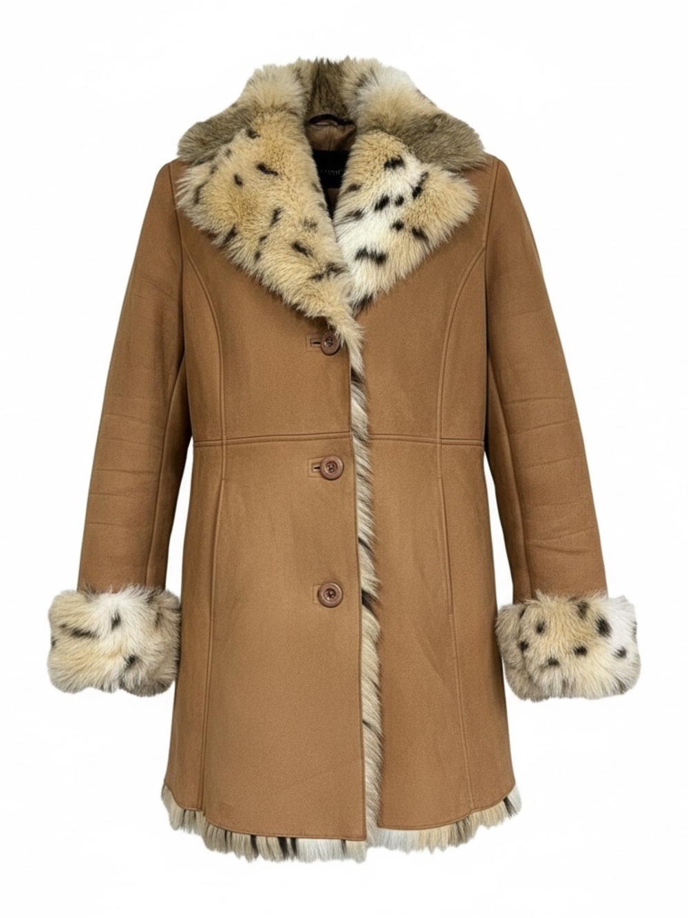 Talbots Camel Shearling Trench Coat with Spotted Fur Trim